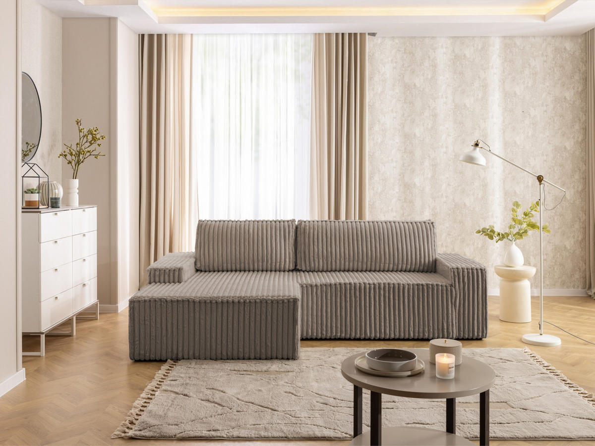 ECKSOFA Rivio mit Schlaffunktion und Bettkasten, Plüschcord Taupe - Taupe/Schwarz, Holz/Kunststoff (149/262cm) - S-Style