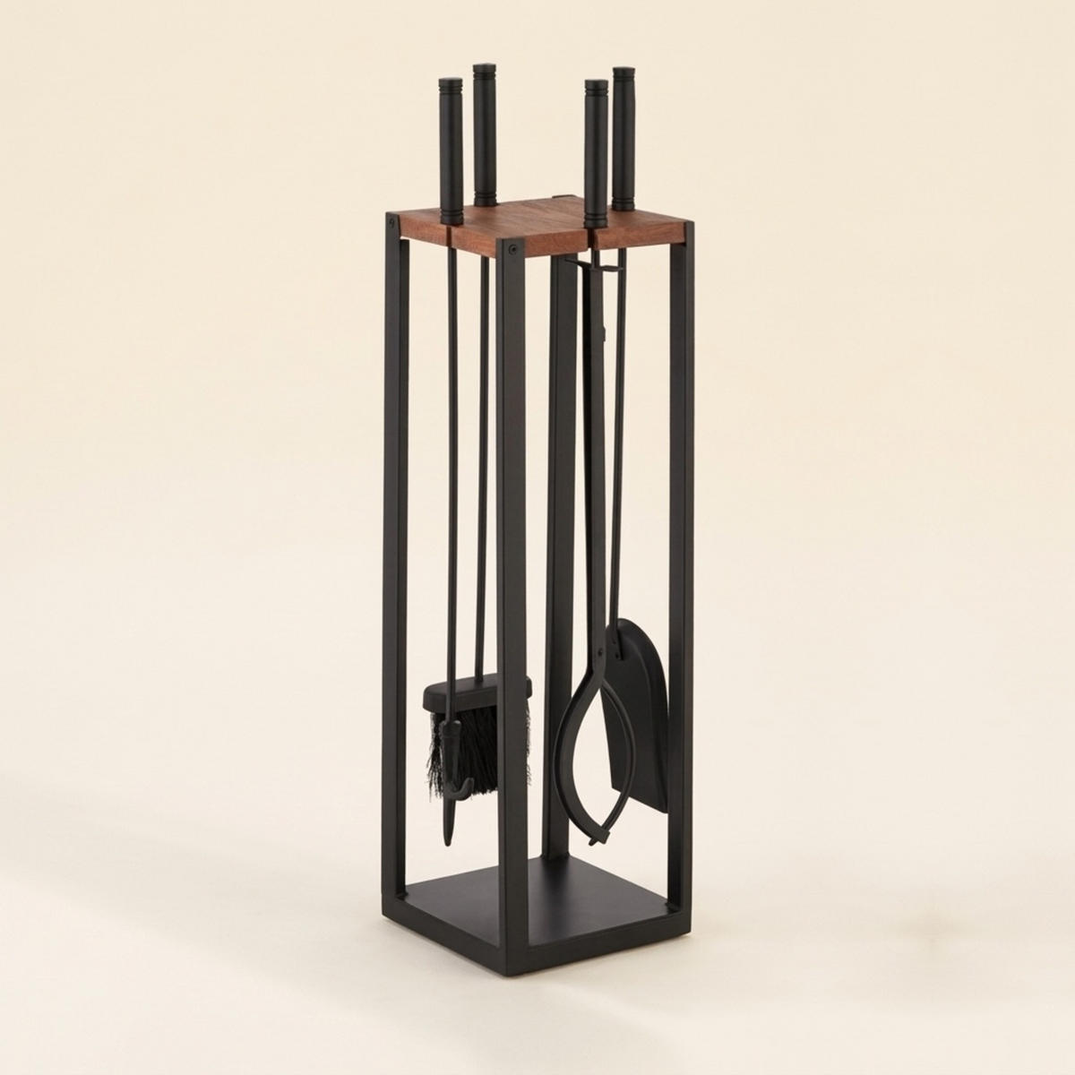 KAMINBESTECK Schwarz Braun 5-tlg.-Set Metall Mangoholz mit Ständer - Schwarz, Holz/Metall (20/78/20cm) - Relaxdays