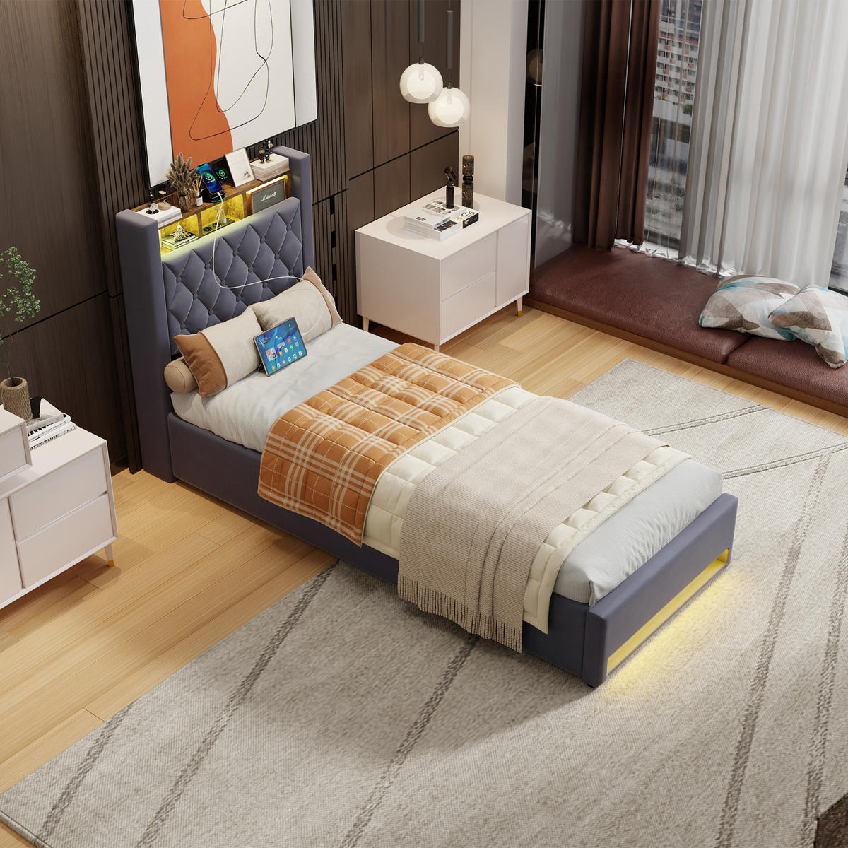 POLSTERBETT 90/190 cm Grau mit LED-Lichtleiste und USB-Anschlüssen - Grau, Holzwerkstoff (90/190cm) - OKWISH