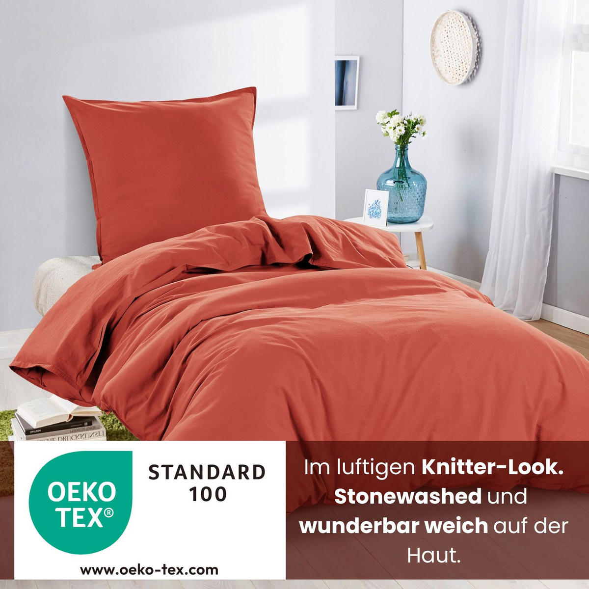 BETTWÄSCHE Stone Washed rot 135/200 cm 100% Baumwolle Used-Effekt mit Stehsaum - Rot, Textil (135/200cm) - wometo