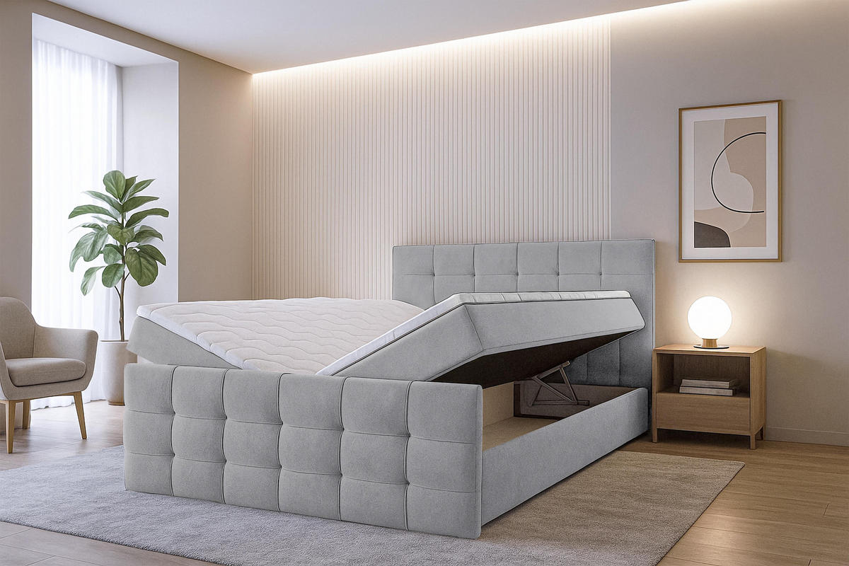 BOXBETT ARGENTARO 180x200 cm mit Bettkasten und Matratze - Grau - Schwarz/Grau, Holz/Holzwerkstoff (180/200cm) - AX Living