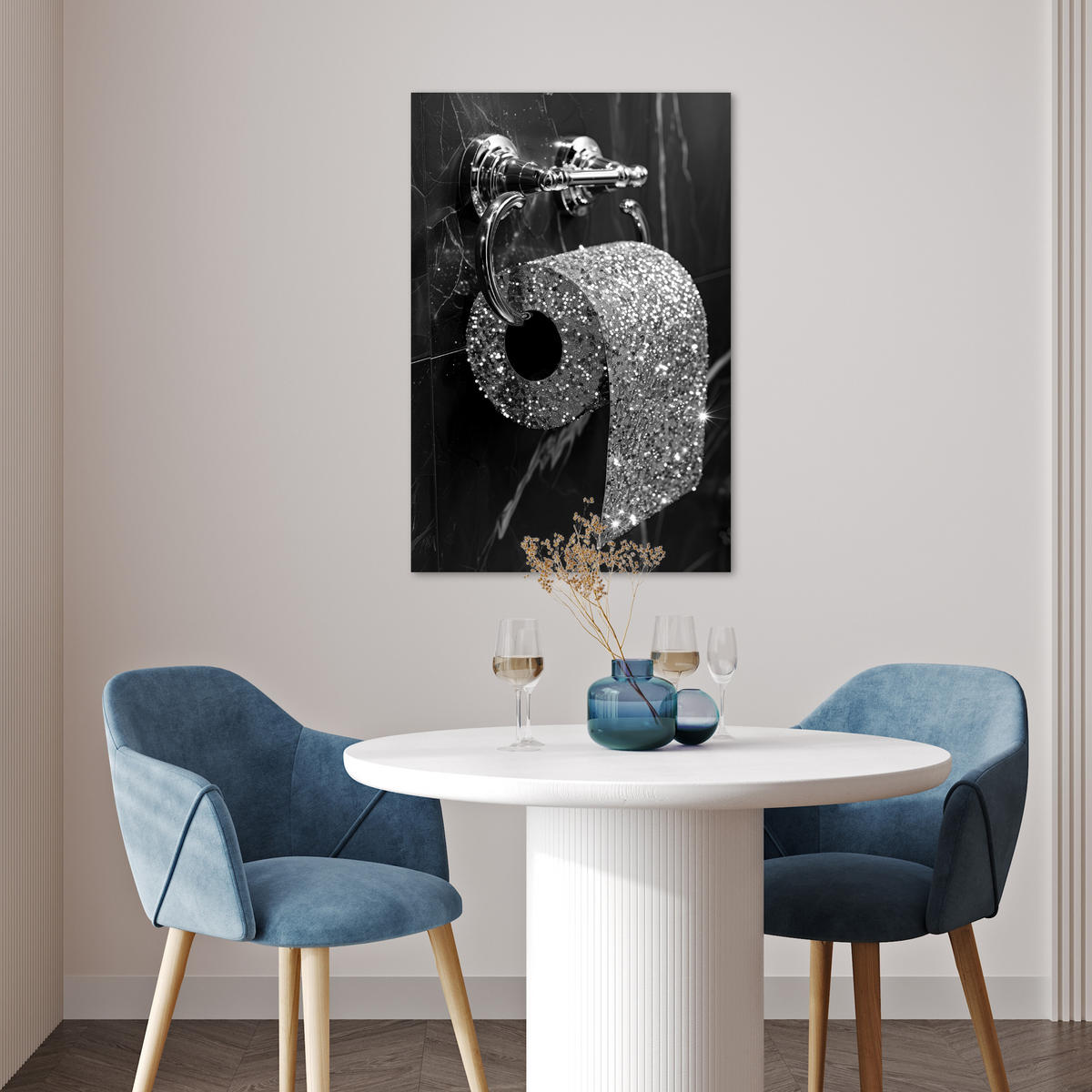 POSTER WC - Toilettenpapier - Schwarz und weiß - Glitter 40x60 cm - Silberfarben, Papier (40/60/0.1cm) - MuchoWow