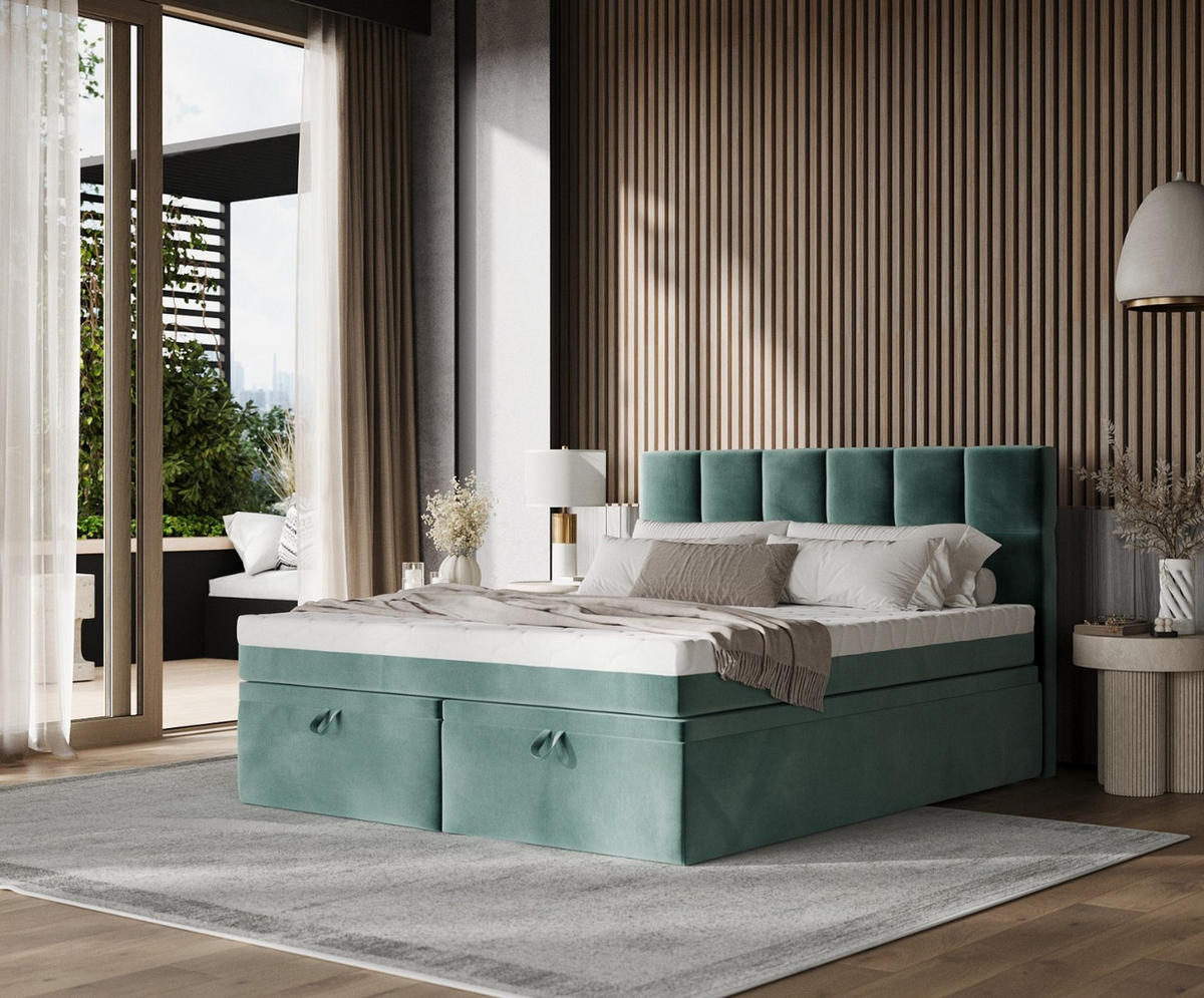 BOXBETT Elano 200/200 cm Türkis im Kronos Stoff - Türkis/Schwarz, Holz/Holzwerkstoff (200/200cm) - AltaBeds