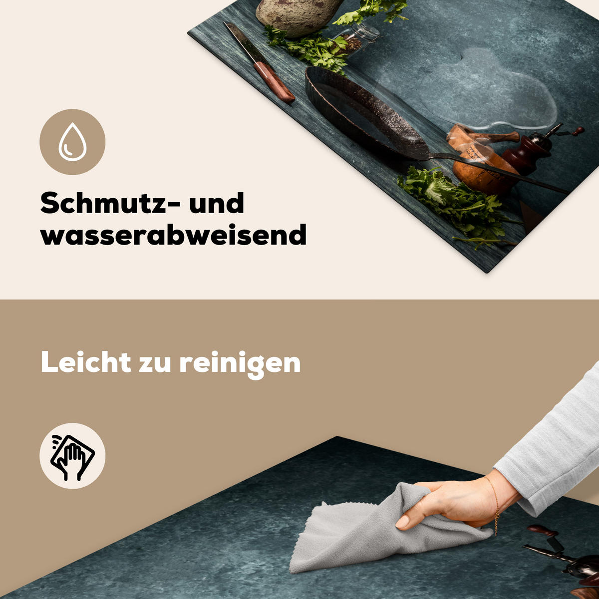 HERDABDECKPLATTE Kräuter - Gewürze - Pfanne - Messer - Grau - Rustikal 75x52 cm - Petrol, Kunststoff (75/52/0.2cm) - MuchoWow