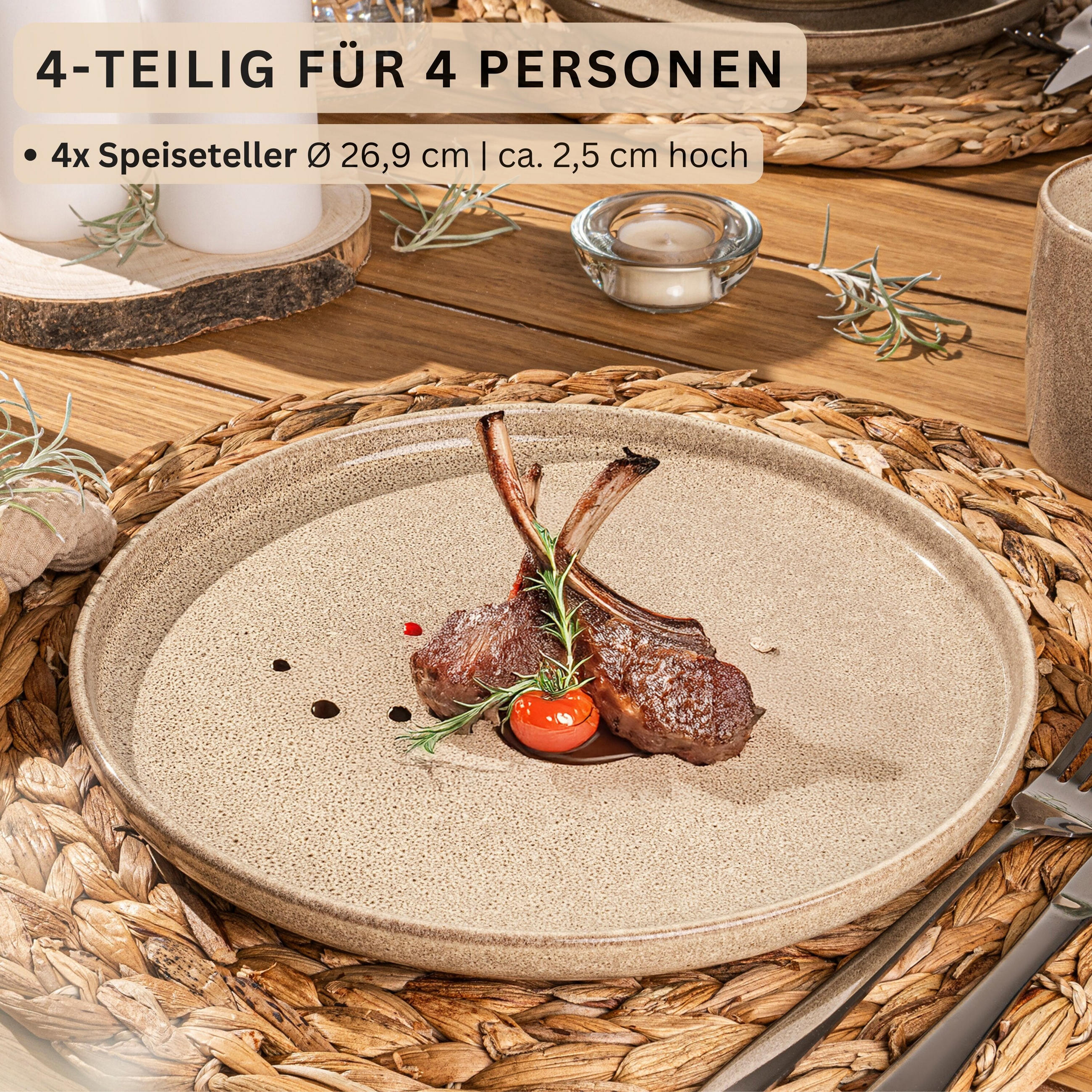SPEISETELLER SET KAIRO MOCHA - 4 teilig aus Steingut - Beige, Keramik (34.6cm) - Sänger