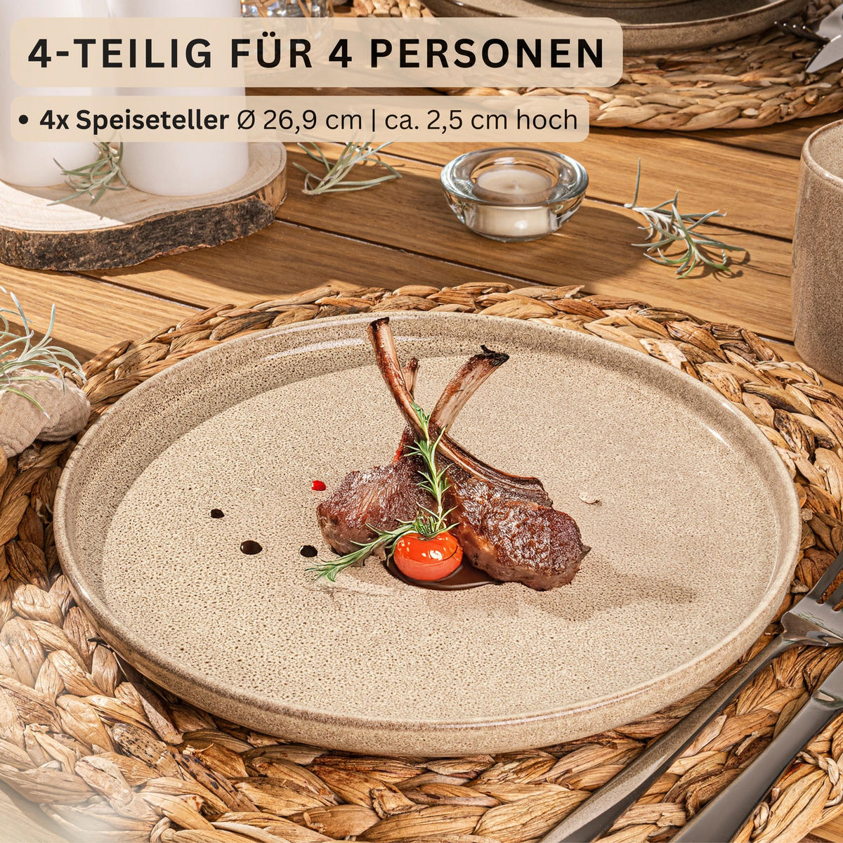 SPEISETELLER SET KAIRO MOCHA - 4 teilig aus Steingut - Beige, Keramik (34.6cm) - Sänger
