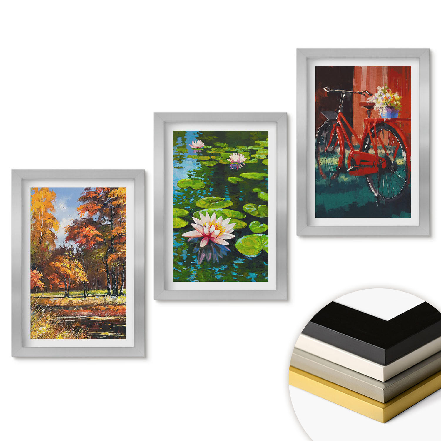 WANDBILDER 3er Set - 20x30 cm Silberner Rahmen - Herbstfarbene Lilienterrasse - Silberfarben, Kunststoff (20/30cm) - ArtPrintCave