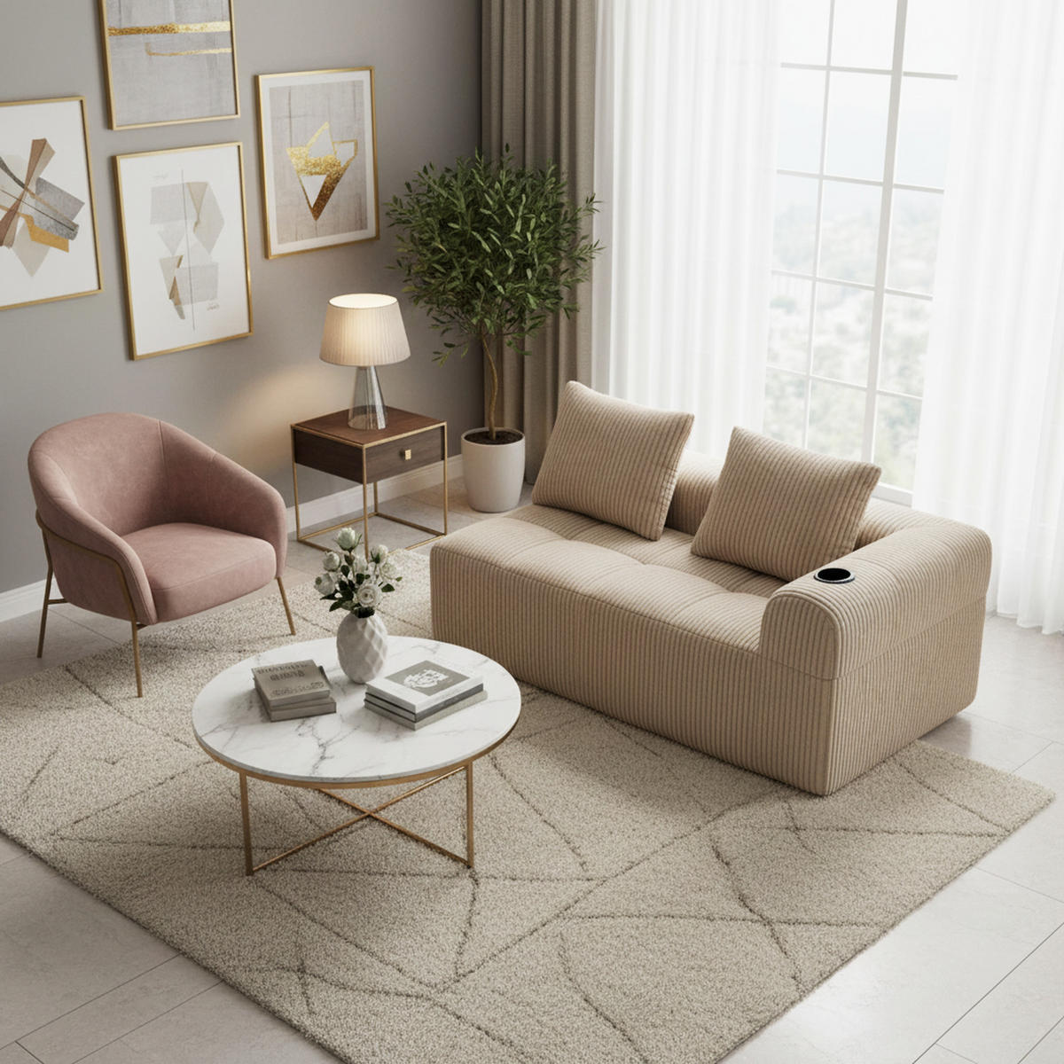 CHAISELONGUE in Cord Übergroßer Relaxsessel mit Seitentaschen - Taupe, Textil (158/61/93cm) - Urban Meuble