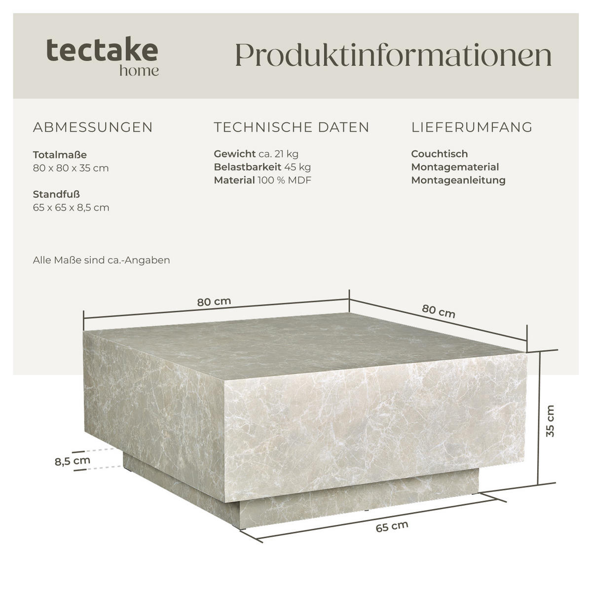 COUCHTISCH Lasley,inkl. Bodenschoner, Belastbarkeit 45 kg,Travertin Optik - Beige, Holz (80/80/35cm) - tectake