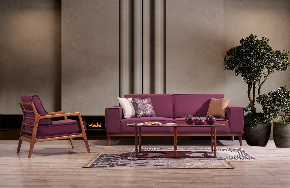 SITZGARNITUR Retry Grau Stellvariante:2+1+1 - Violett, Holz (187/85/100cm) - Villa Möbel