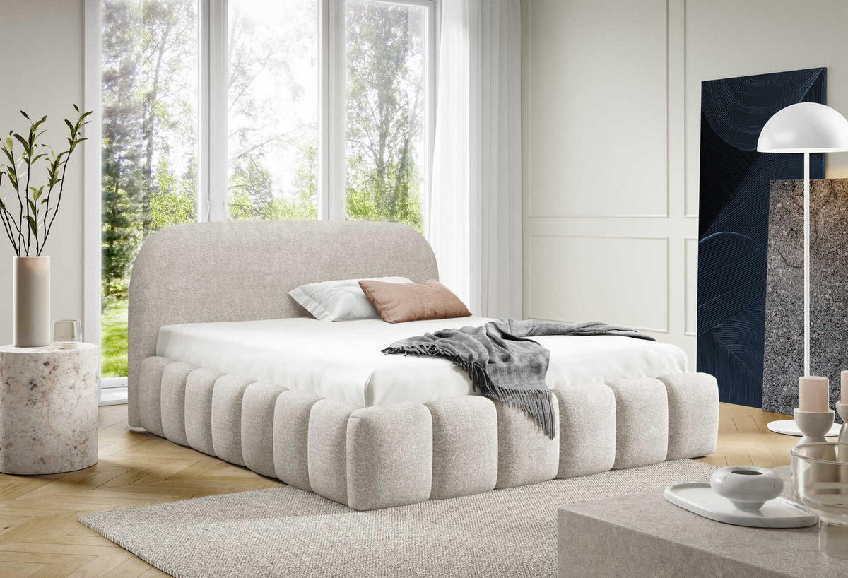 POLSTERBETT 140x200 Noemi, runde Kopfteil, Bettkasten, Samtstoff, Creme - Creme, Holz/Textil (140/200cm) - Emporius