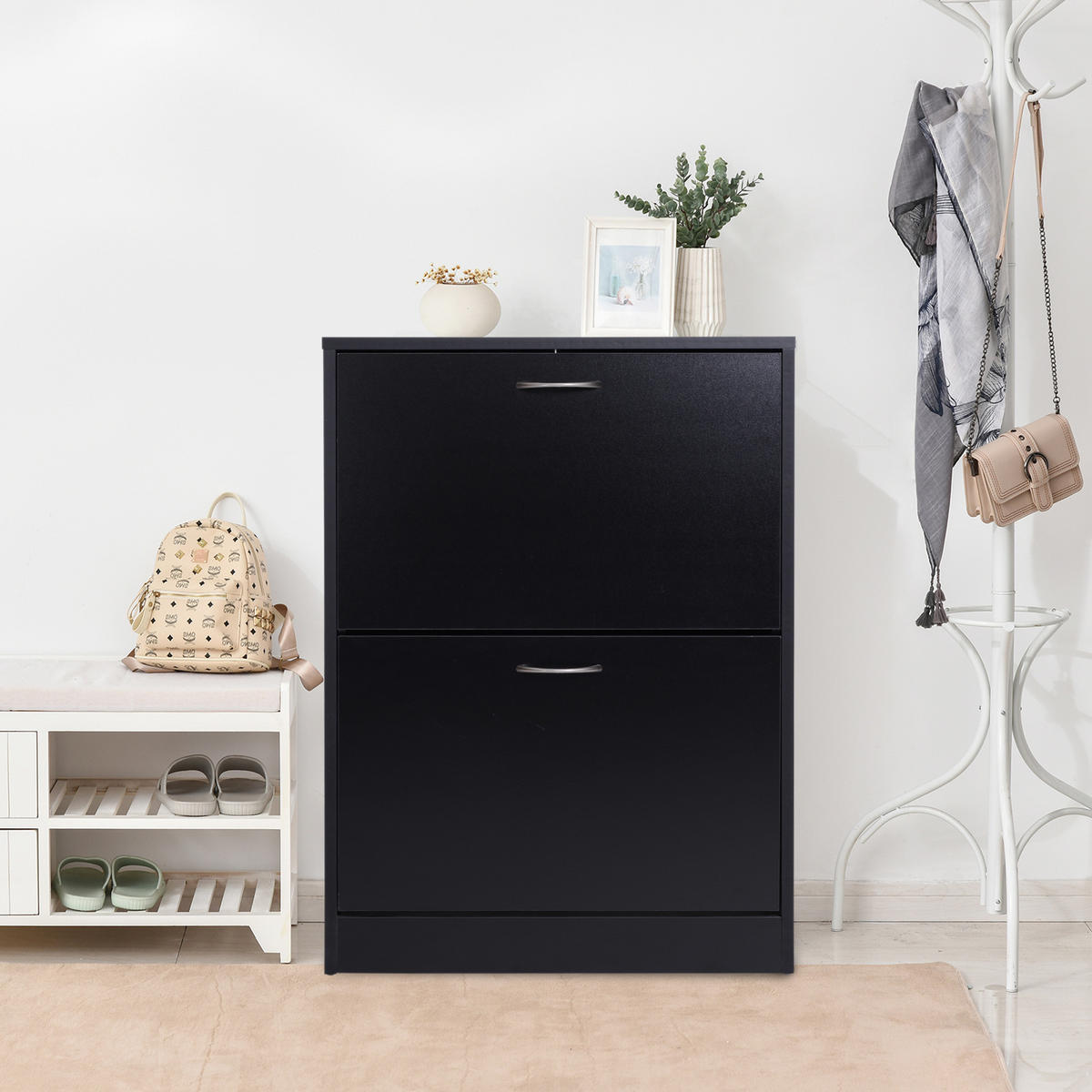 SCHUHSCHRANK DE-14972 2 Klapptüren 60x24x80 cm Schwarz - Schwarz, Holzwerkstoff (10/10/10cm) - ComfortXL
