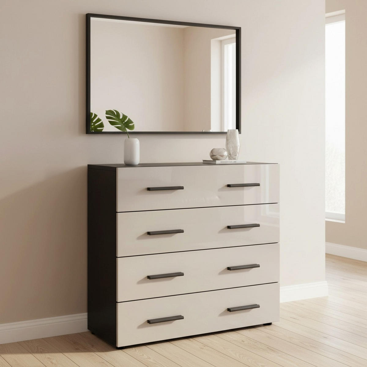 KOMMODE Den, Sideboard mit 4 Schubladen, Made in Germany, Moderner Schrank, Schwarz matt / Sandgrau Hochglanz (76 x 72 x 35 cm) - Beige, Holzwerkstoff (76/72/33cm) - InnoFurn