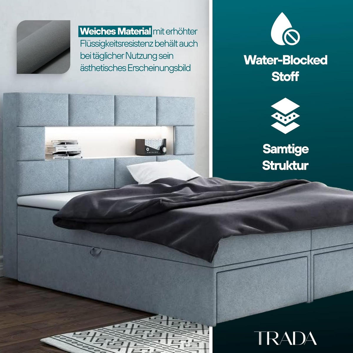 BOXBETT 200 x 200 cm mit Bettkasten und Matratze, LUX, LED Beleuchtung, Bücherregal und 2x USB, Grau - Grau, Holzwerkstoff/Kunststoff (200/200cm) - Trada