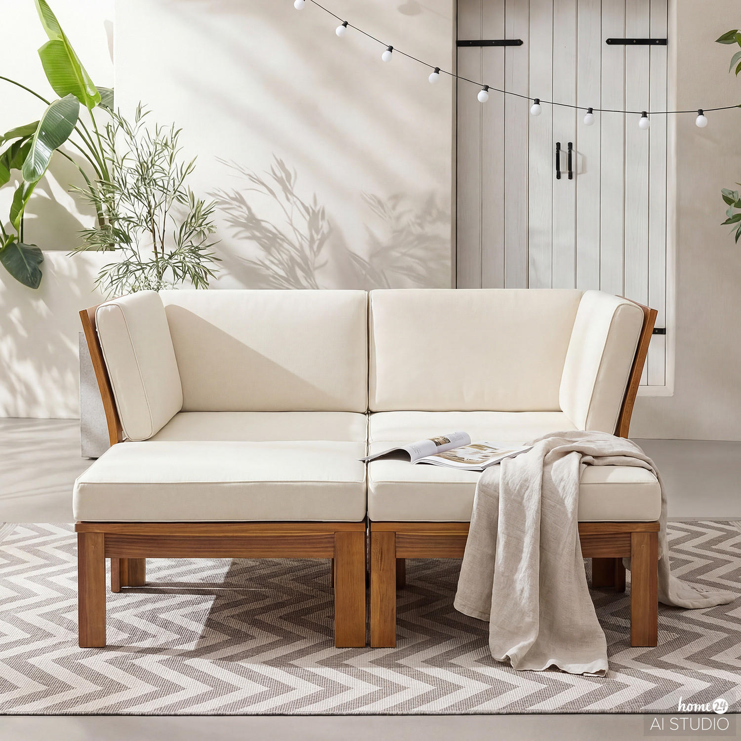 LOUNGEHOCKER - Webstoff / Akazie massiv - Weiß, Holz/Textil (60/38/60cm) - home24