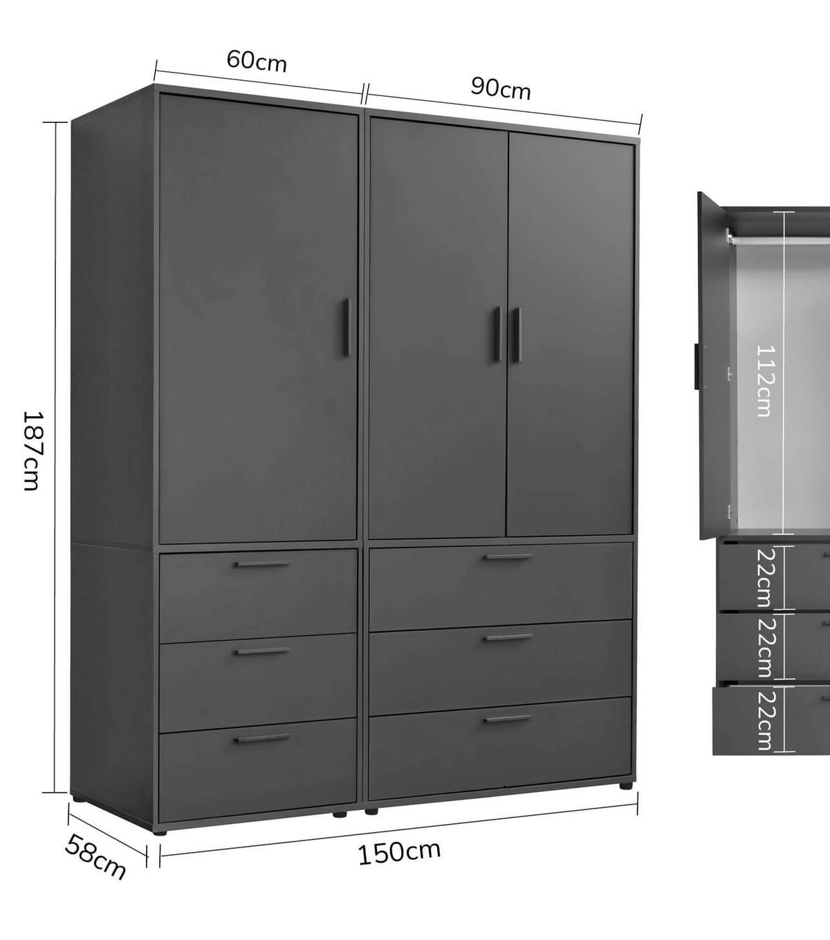 KLEIDERSCHRANK Der Grenzenlose - Anthrazit, Holzwerkstoff (150/187/58cm) - Mokebo