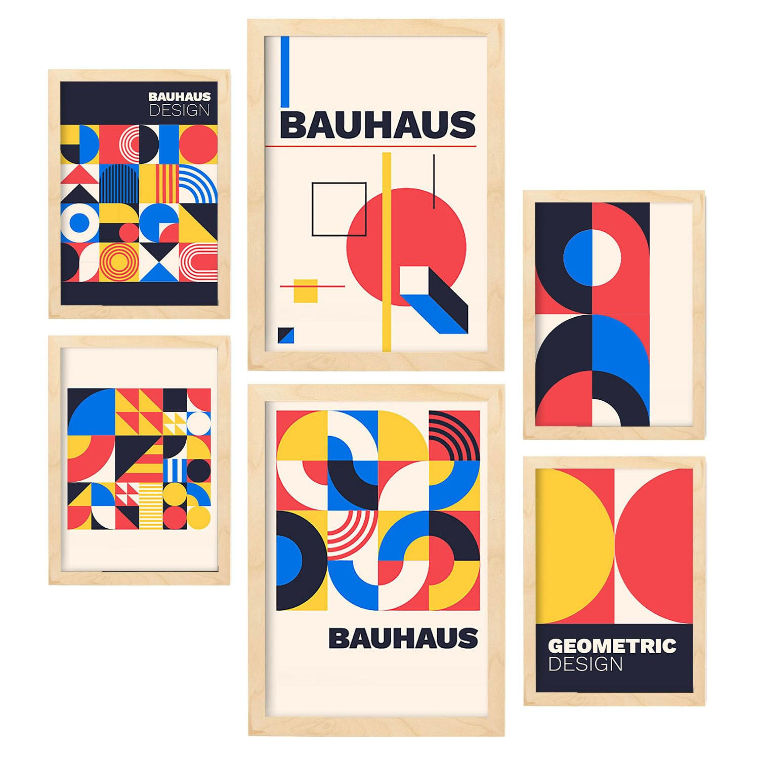 POSTER Set Mit 6 Drucken Im Bauhaus 2 Geometrische Designkollektion Drucke Mit Ästhetische Dekorative Für Zuhause A3 & A4 Rahmen Aus Hellem Holz - Beige, Papier (29/3cm) - Nacnic