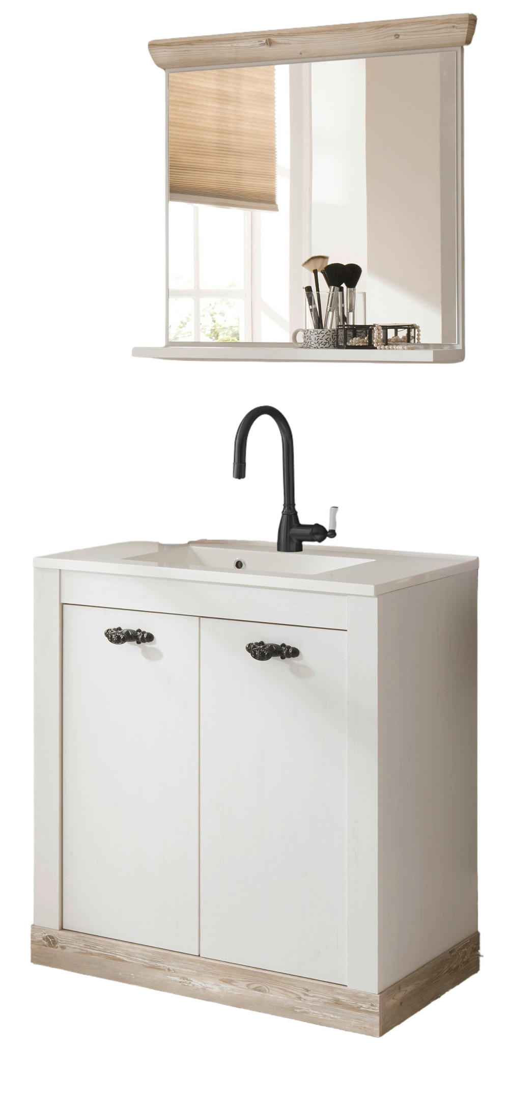 BADKOMBINATION Pinie weiß, Oslo Pinie, Landhaus Badmöbel Set 3-tlg. MIT Waschbecken 81 x 200 cm - Dunkelgrau/Weiß, Holzwerkstoff/Metall (81/200/46cm) - Furn.Design