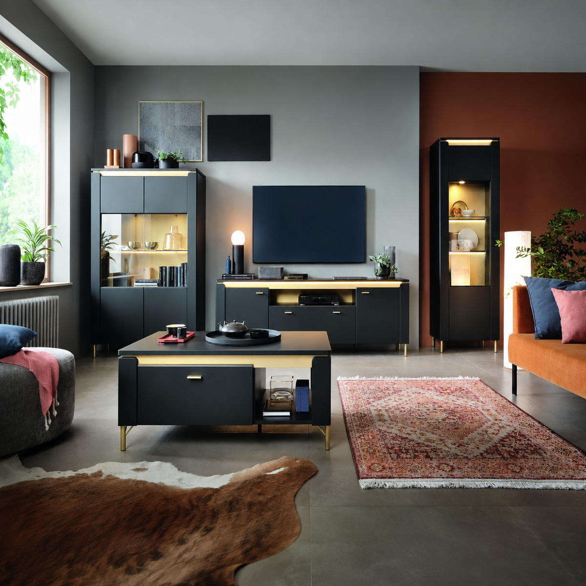 COUCHTISCH rechteckig Schwarz matt - Gold mit Staufach und Ablage - Goldfarben/Schwarz, Holzwerkstoff (65/110.04/46cm) - designimpex