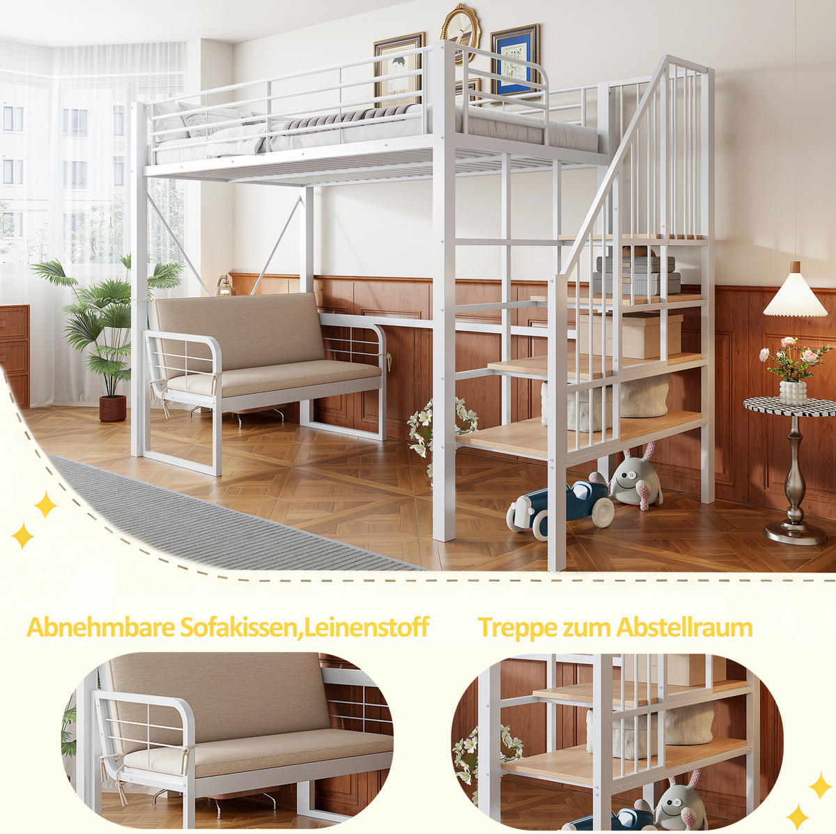 ETAGENBETT 90/200 cm, Weiß mit Stauraumleiter und Polstersofa - Weiß, Metall (90/200cm) - MIVRAY