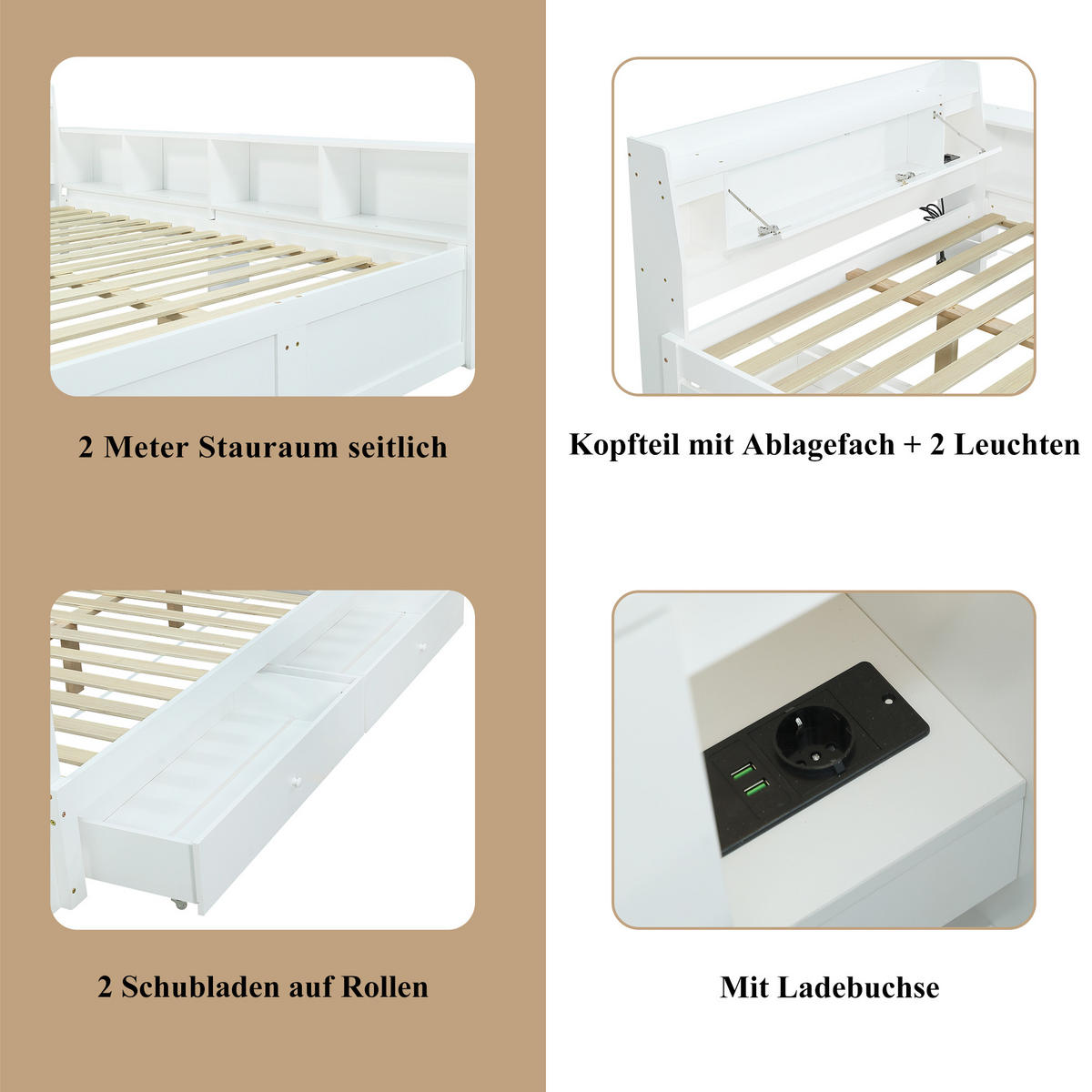 BETT 140x200 cm LED USB Schubladen weiß - Weiß, Holz (140/200cm) - LEBENLANG