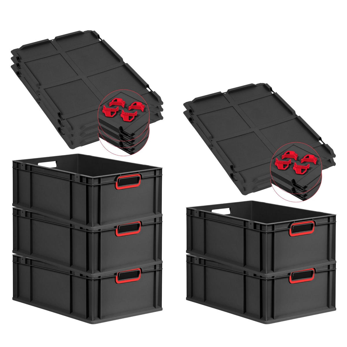 EUROBOX 5x NextGen Color mit Auflagedeckel 22x40x60 cm 44 Liter Schwarz Griffe rot offen - Rot/Schwarz, Kunststoff (40/22/60cm) - PROREGAL