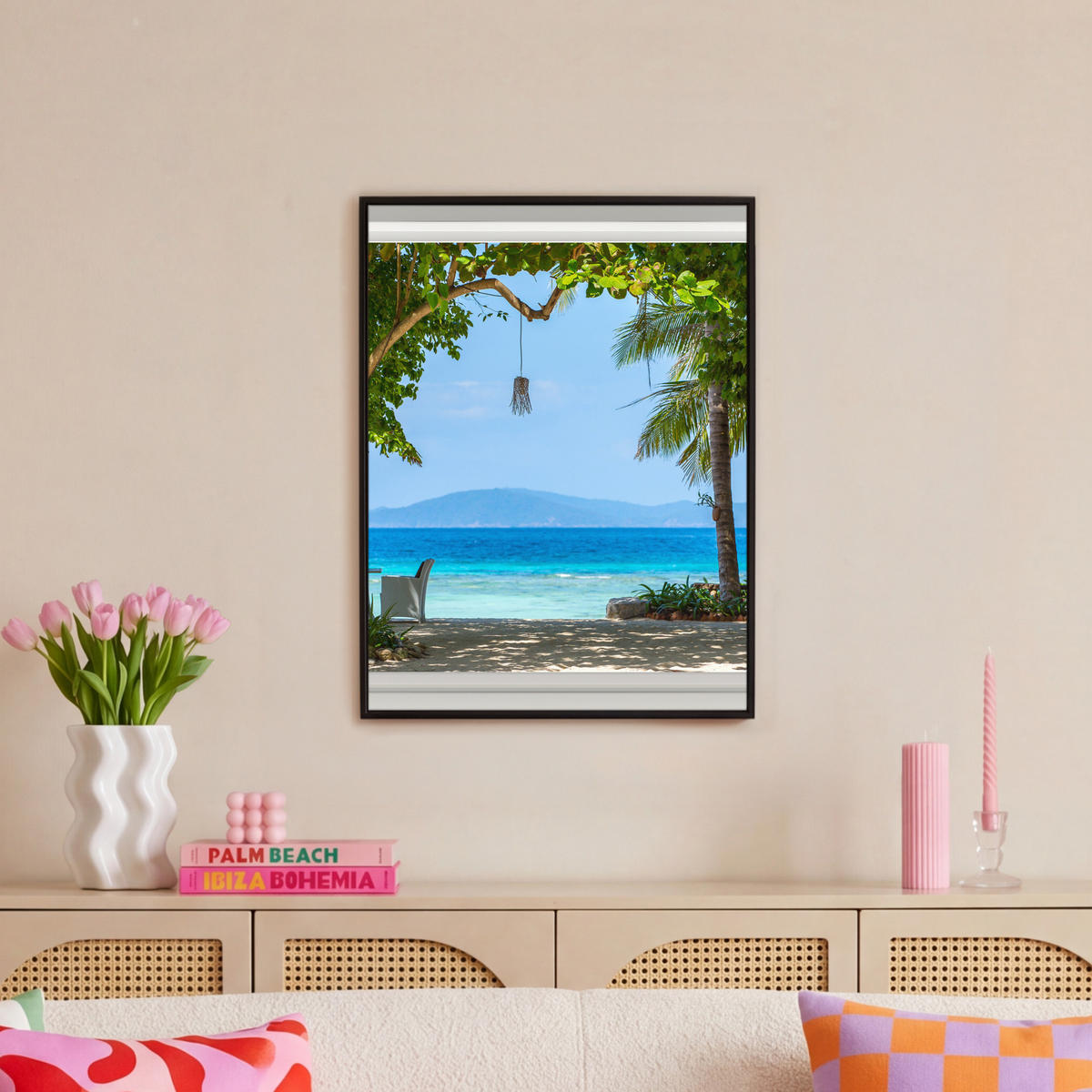 LEINWAND Bilder mit Rahmen - Aussicht - Baum - Meer - Palme - Hügel - Strand - Blau - 50x70 - Blau, Textil (50/70cm) - MuchoWow