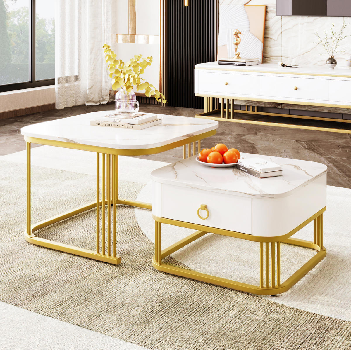COUCHTISCH 60/60/45 cm + 50/50/34 cm weiß aus MDF mit Schublade - Weiß, Holzwerkstoff (60/60/45cm) - OKMYHOME
