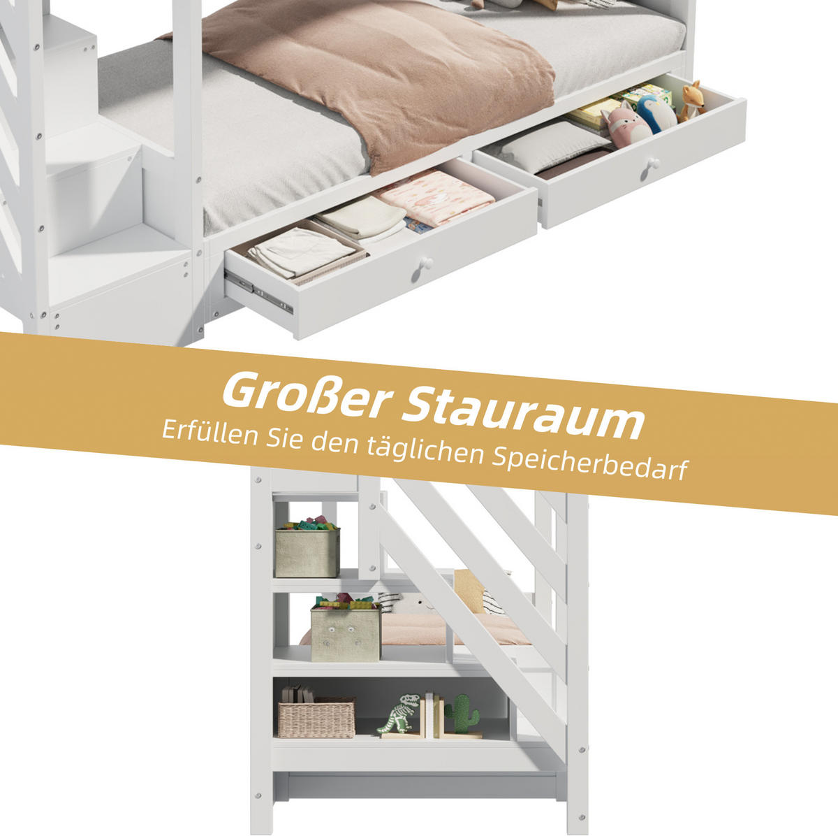 ETAGENBETT Kinderbett 90/200 cm aus Massivholz mit Sofa, Treppenschrank und 2 Schubladen Weiß - Weiß, Holz (90/200cm) - Modenvie
