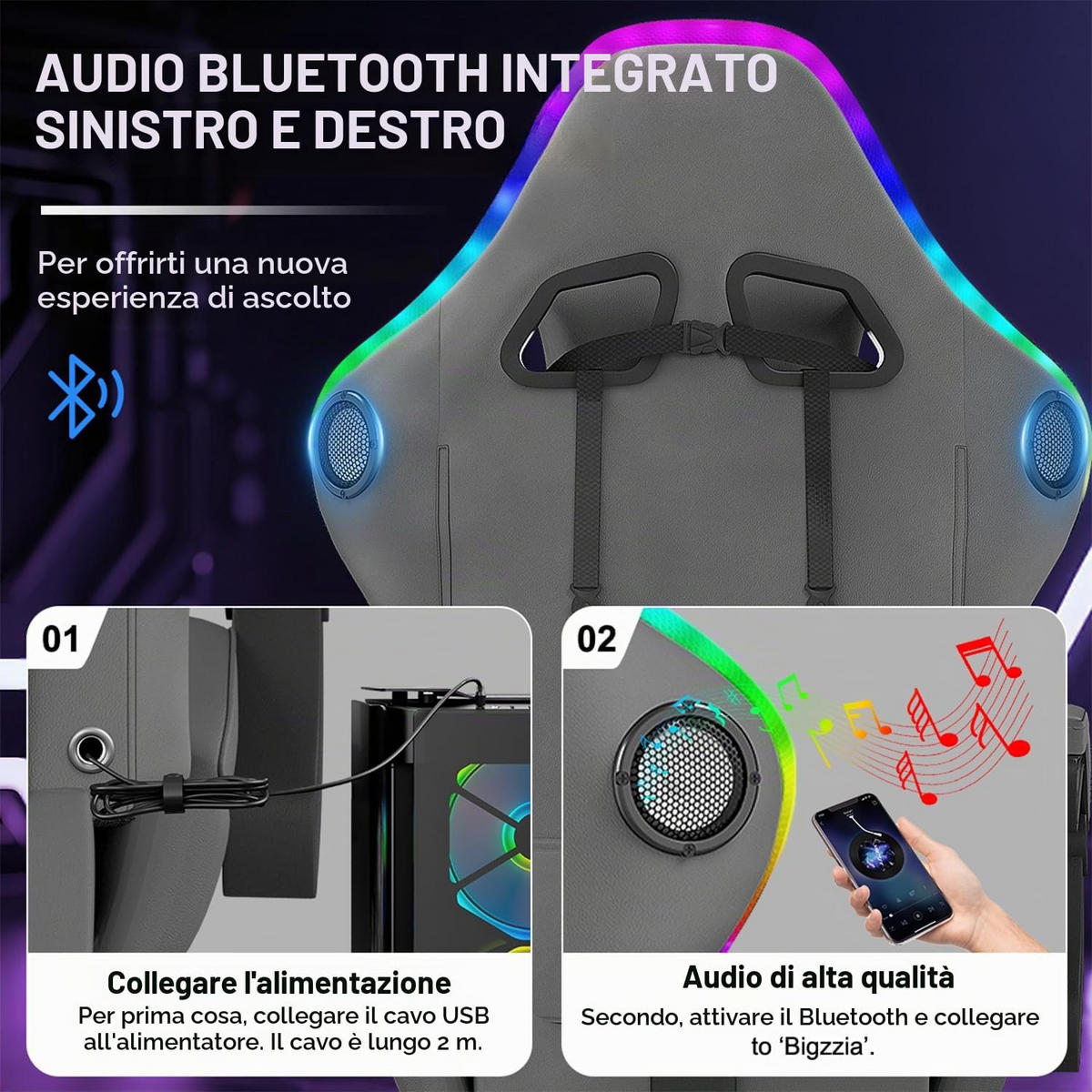 GAMINGSTUHL G01 mit RGB Beleuchtung Bluetooth Lautsprechern Kunstleder Grau - Grau, Metall (62/131/56cm) - Rattantree