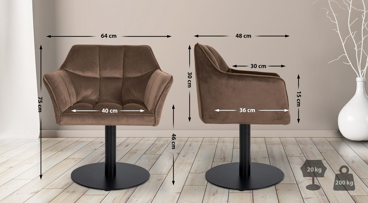 SESSEL Samt Braun - Schwarz/Braun, Textil/Metall (64/75/48cm) - CLP