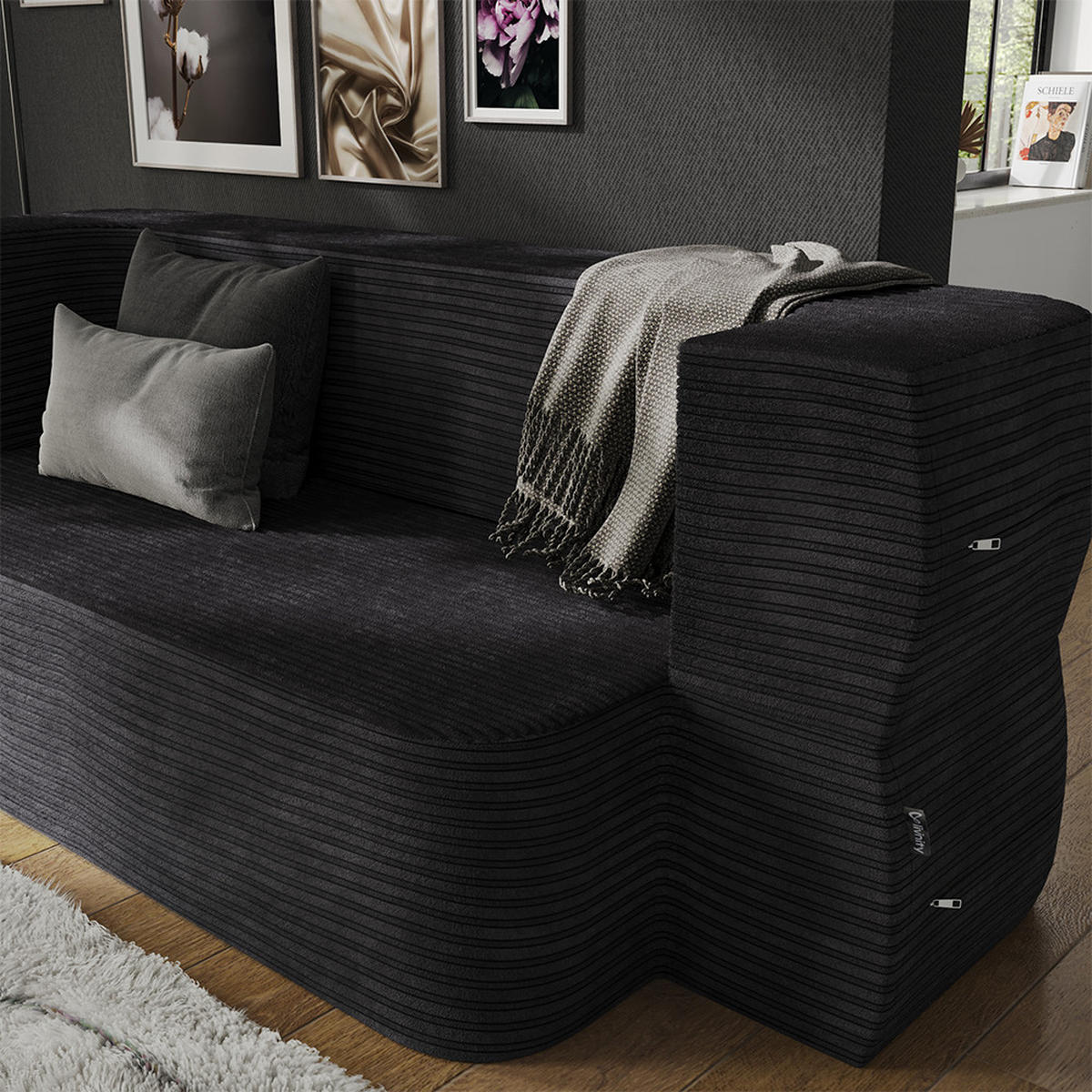 SOFA Lille Schwarz 190 cm mit Schlaffunktion - Schwarz, Textil (190/70/73cm) - VitaliSpa