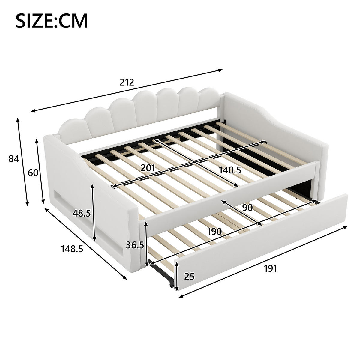 GEPOLSTERTES Tagesbett 140x200 cm aus MDF & Sperrholz mit LED und Ausziehbett, beige - Beige, Holzwerkstoff (140/200cm) - Luhomfu