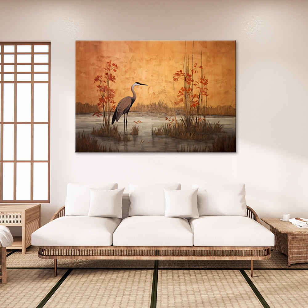 LEINWANDBILD Orientalischer Kranich 100x70cm - Orange, Textil (100/70cm) - Feeby
