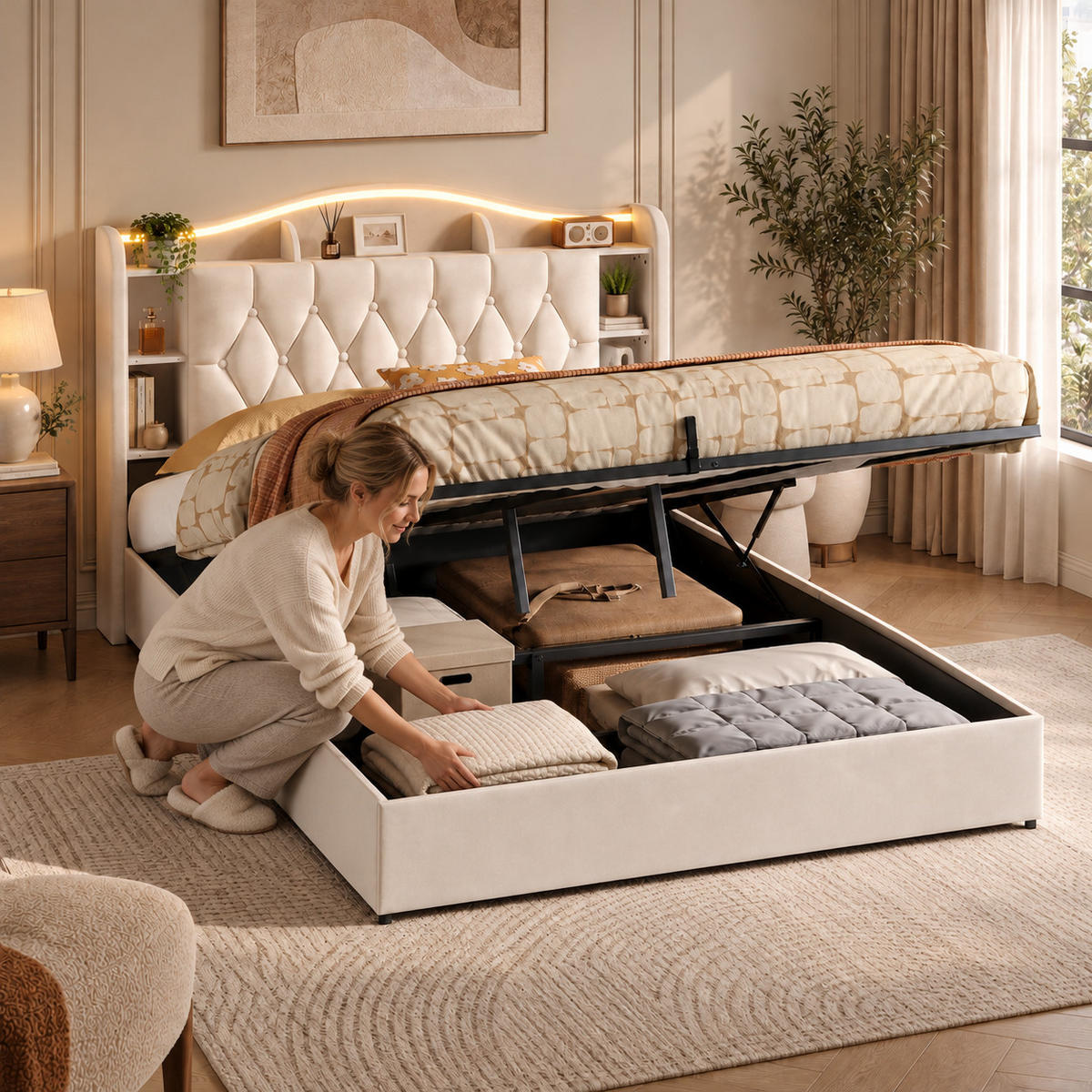 POLSTERBETT 160/200 cm mit Stauraum-Bettkasten, Ablagekopfteil mit Fächern, mehrfarbigem LED & USB, beiger Stoffbezug - Beige, Holz/Metall (160/200cm) - Joyfair