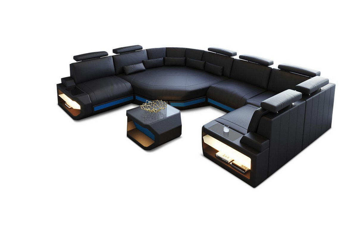 WOHNLANDSCHAFT Asti U Mini - Blau/Schwarz, Leder (352/93/280cm) - Sofa Dreams