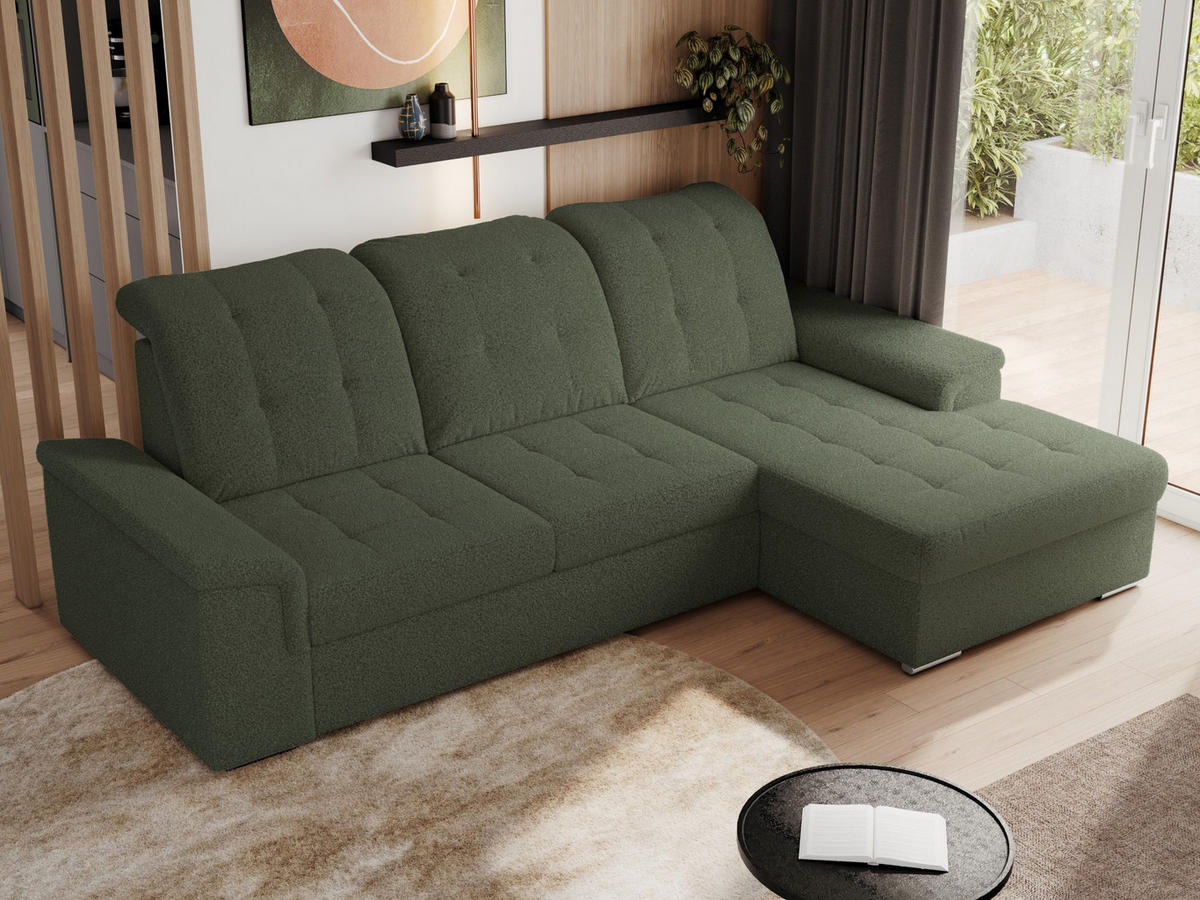 ECKSOFA MADRITO L - Grün Boucle - Rechts - Silberfarben/Grün, Textil/Metall (256/160cm)