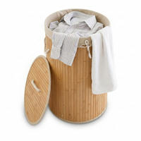 TVÄTTKORG kräm bambu rund med lock hopfällbar 70 l - Cremefärgad, Trä/Textil (41/65/41cm) - Relaxdays