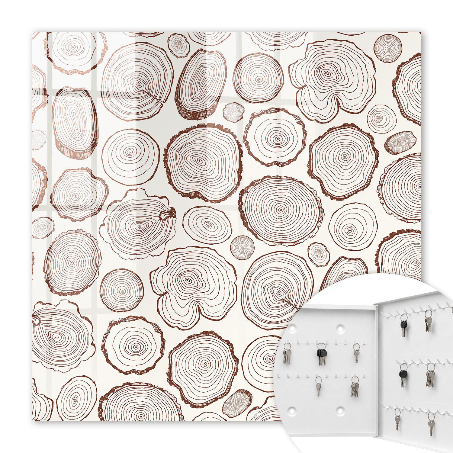 SCHLÜSSELBOX Weiß 30x30 cm – Türöffnung nach rechts - Holzringe - Braun, Metall (30/30/5cm) - TULUP