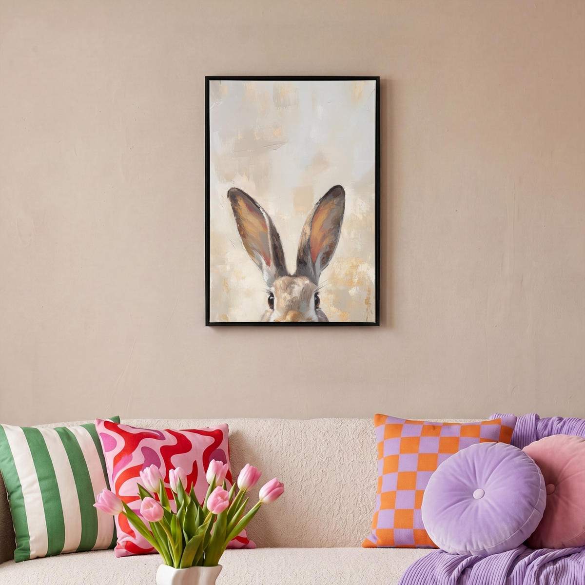 LEINWAND Bilder mit Rahmen - Hase - Ohren - Braun - 40x60 - Beige, Textil (40/60cm) - MuchoWow