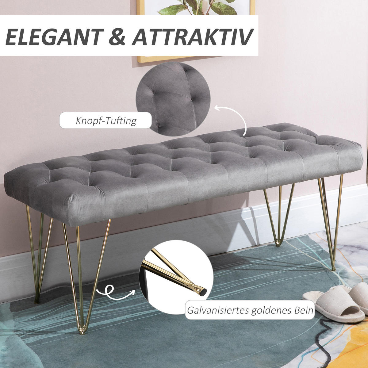 SCHUHBANK mit Samtoptik, für Schlafzimmer, Wohnzimmer, Flur, Metall, Grau - Grau, Kunststoff (445/49/116cm) - HOMCOM