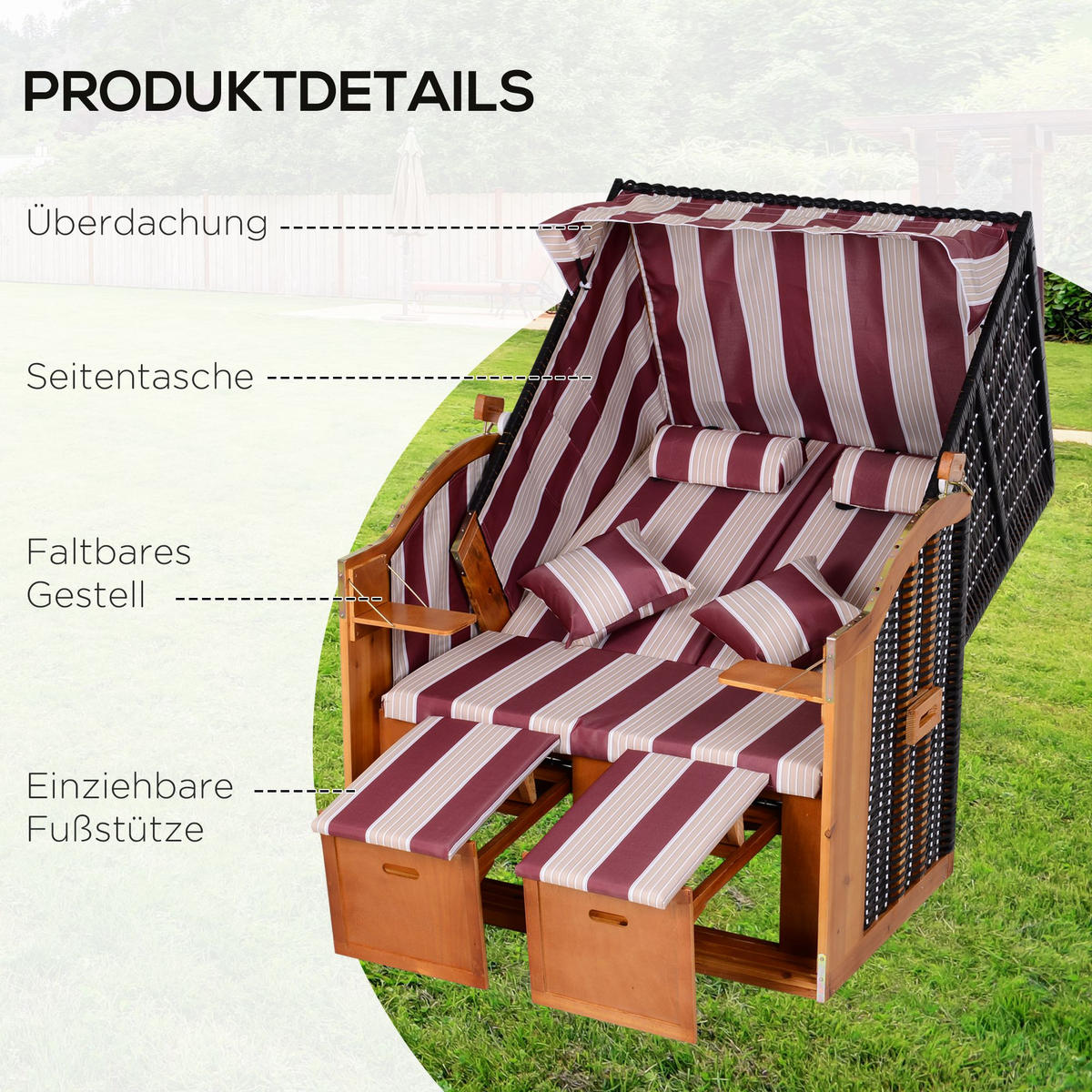 DOPPELTE Sonnenliege mit Dach 5-stufige Rückenlehne PE-Rattan Rot+Weiß 118 x 79 x 160 cm - Weiß, Kunststoff (79/160/118cm) - Outsunny