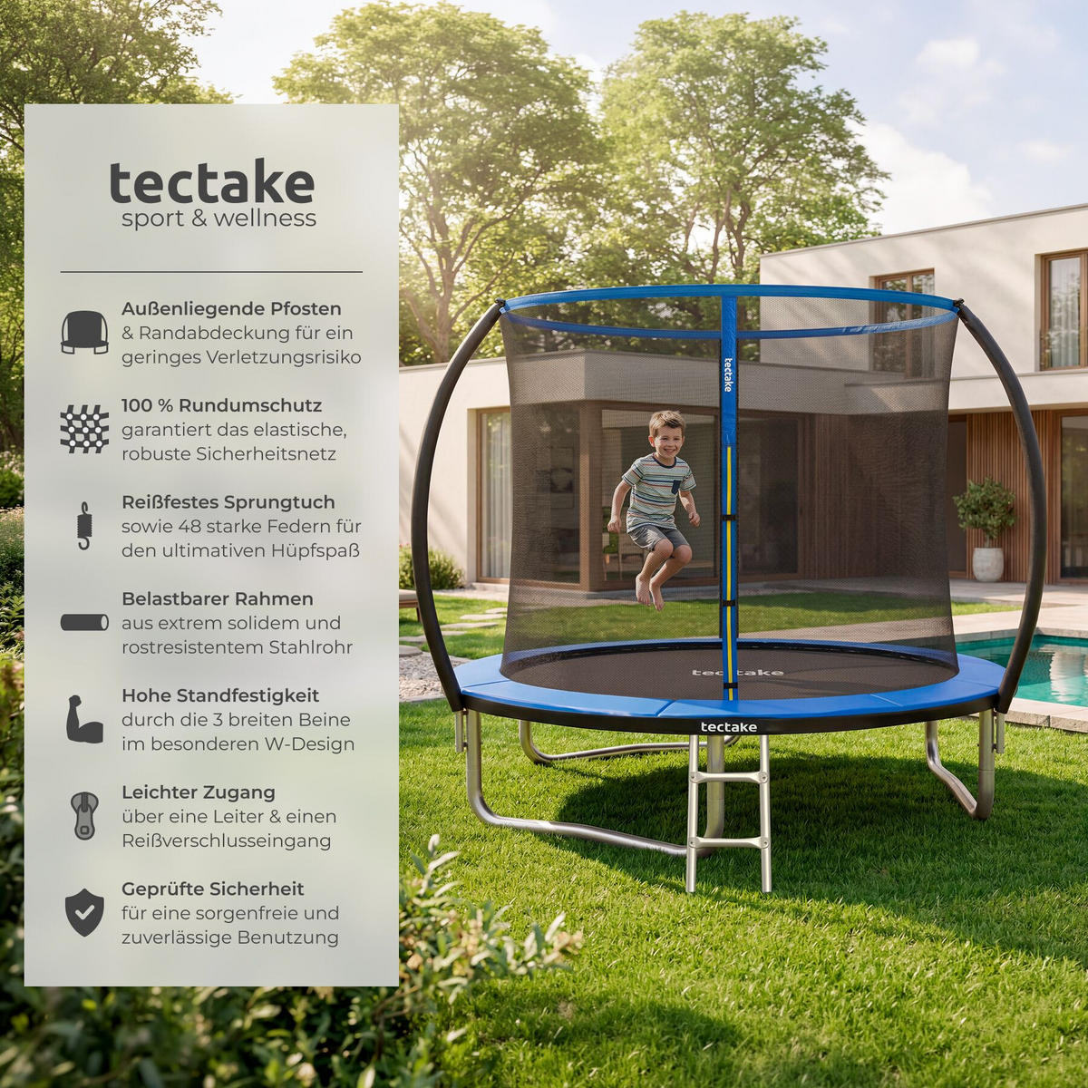 TRAMPOLIN Jumpy, inklusive Einstiegsleiter, schwarz/blau - Blau/Schwarz, Metall (260/250/260cm) - tectake