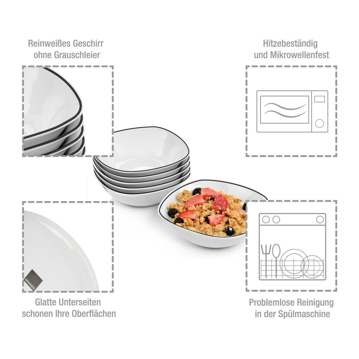 MÜSLISCHALEN SET BILGOLA BLACK RIM - 6 teilig aus Porzellan - Weiß, Keramik (15cm) - Sänger