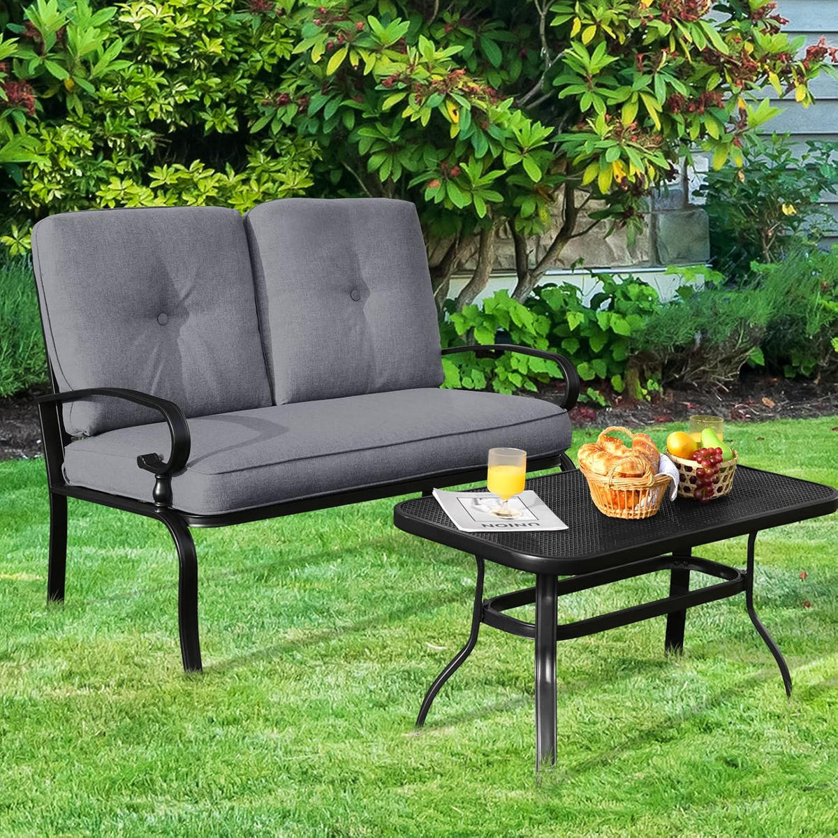 GARTENBANK 2-Sitzer mit Couchtisch Grau - Grau, Metall - COSTWAY