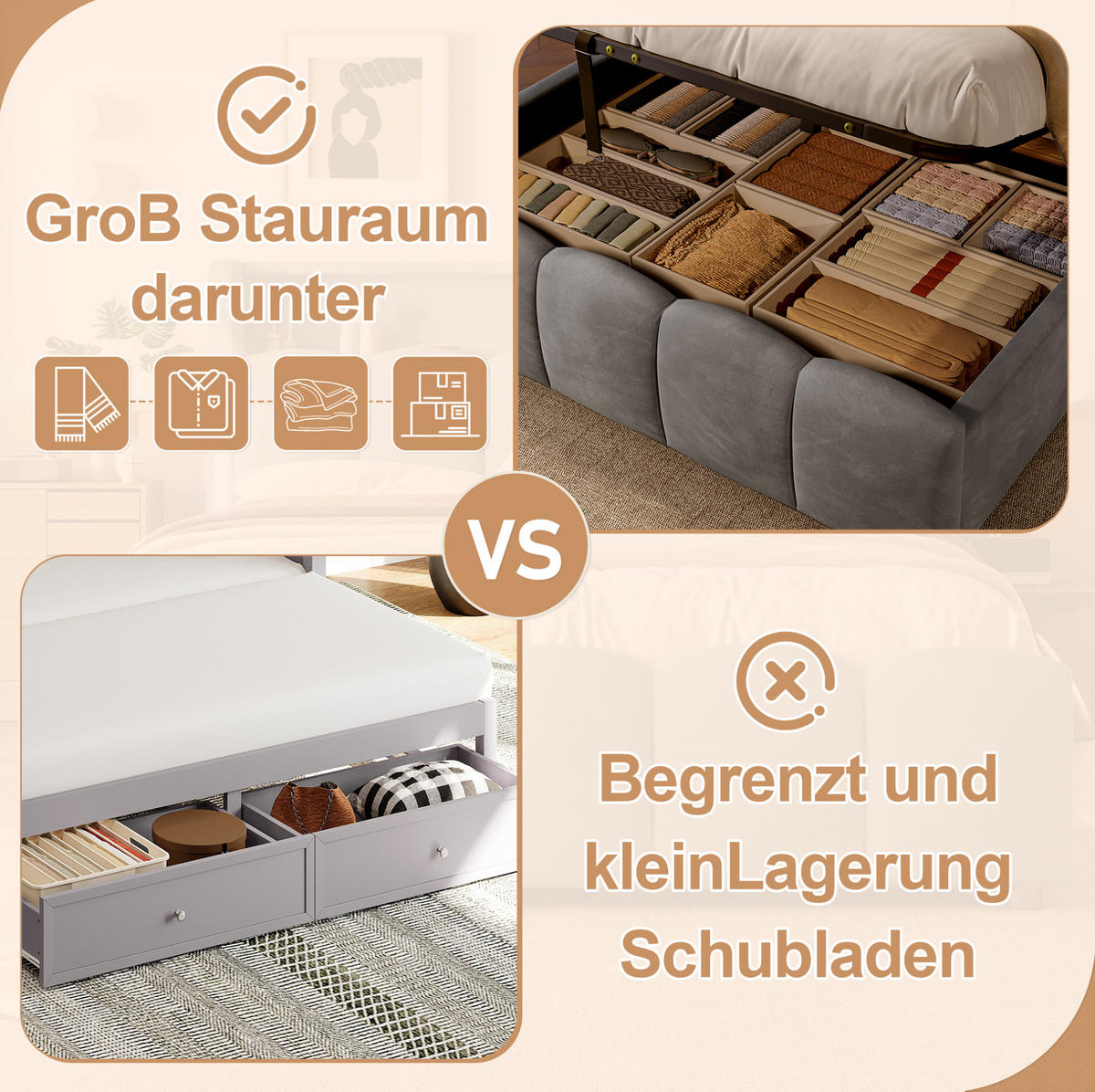 POLSTERBETT 140/200 cm Grau aus Samt mit LED-Beleuchtung - Grau, Textil (140/200cm) - OKMYHOME