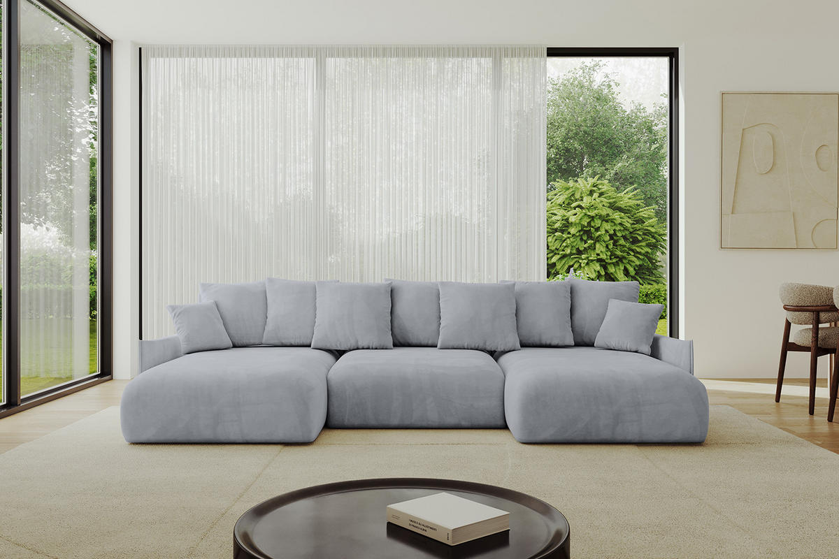 WOHNLANDSCHAFT mit Schlaffunktion und Bettkasten ONESK-U-v1 304x165x40 Hellgrau Velours - Hellgrau, Holzwerkstoff/Kunststoff (304/90/165cm) - ALTDECOR