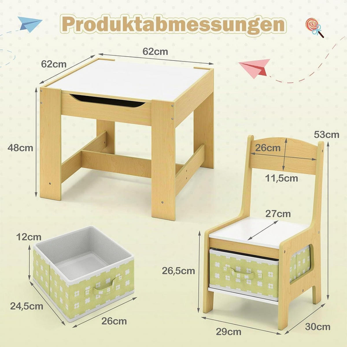 KINDERSITZ‑SET mit Stuhl grün(3-tlg) - Grün, Holzwerkstoff (62/48/62cm) - COSTWAY