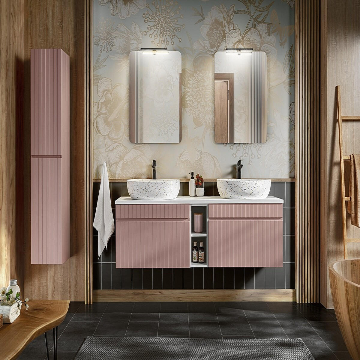 BADMÖBEL-SET 11 Teile - Iconic Rose I BM15 in Antike Rose/Weiß - Rosa/Weiß, Holz (180/160/46cm)