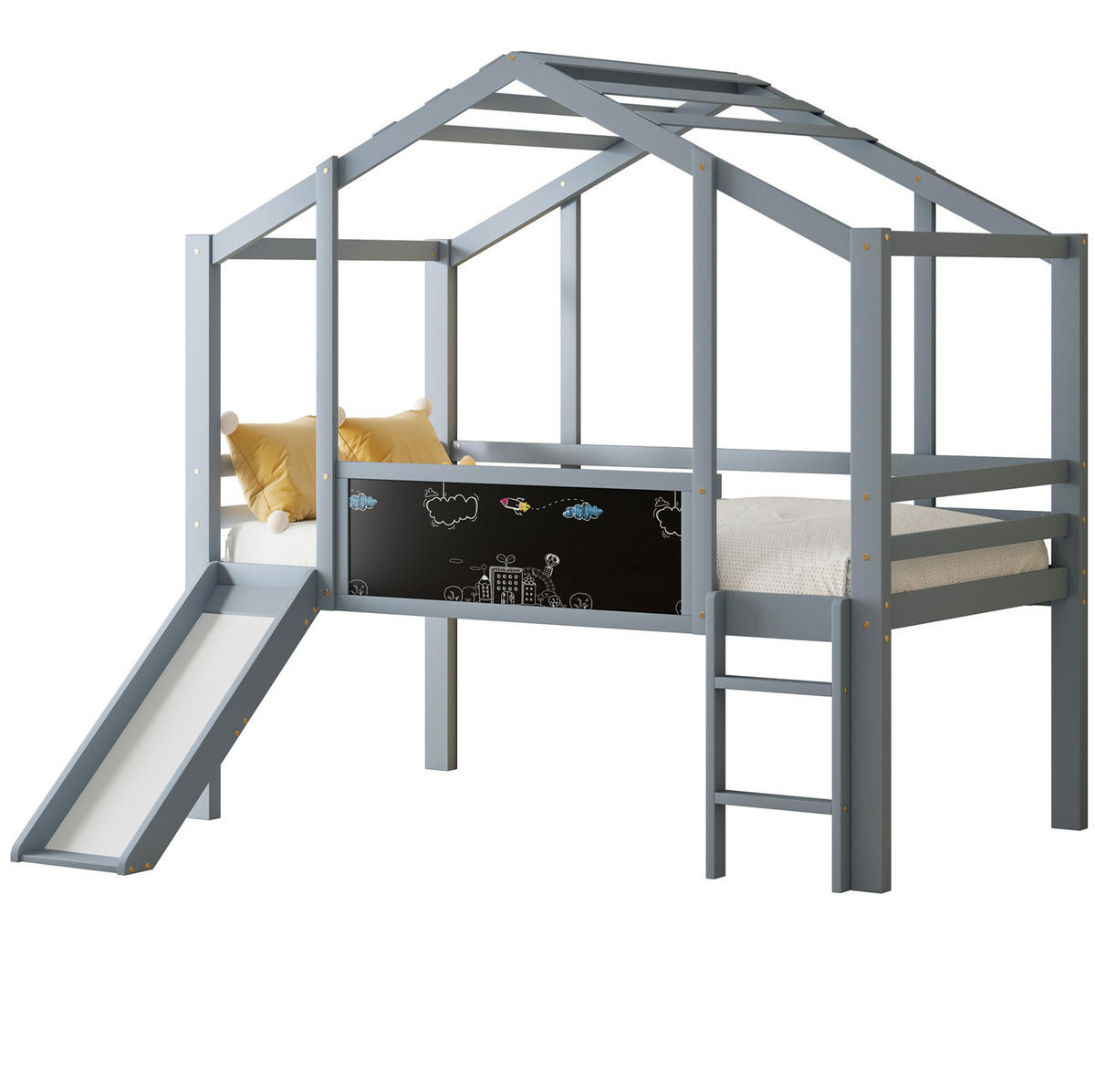KINDERBETT 90/200 cm in Grau – Hochbett in Hausform mit Rutsche und Leiter - Grau, Holz (90/200cm) - BEAOK